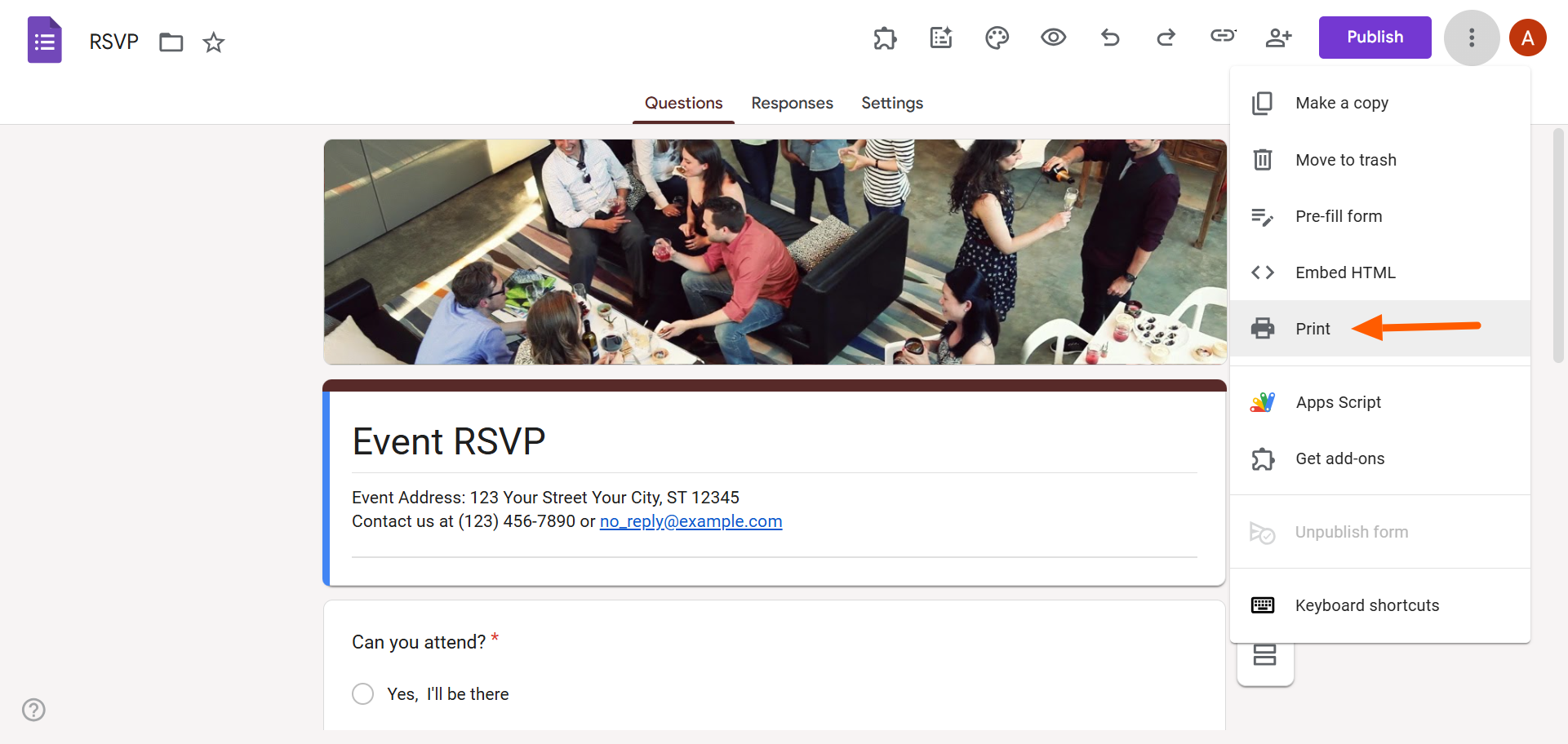 Screenshot of the Google Forms editor with the three-dot menu expanded in the top-right corner, highlighting the “Print” option