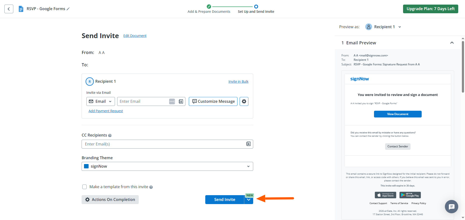 Screenshot of the SignNow “Send Invite” page showing recipient details fields and the “Send Invite” button highlighted at the bottom