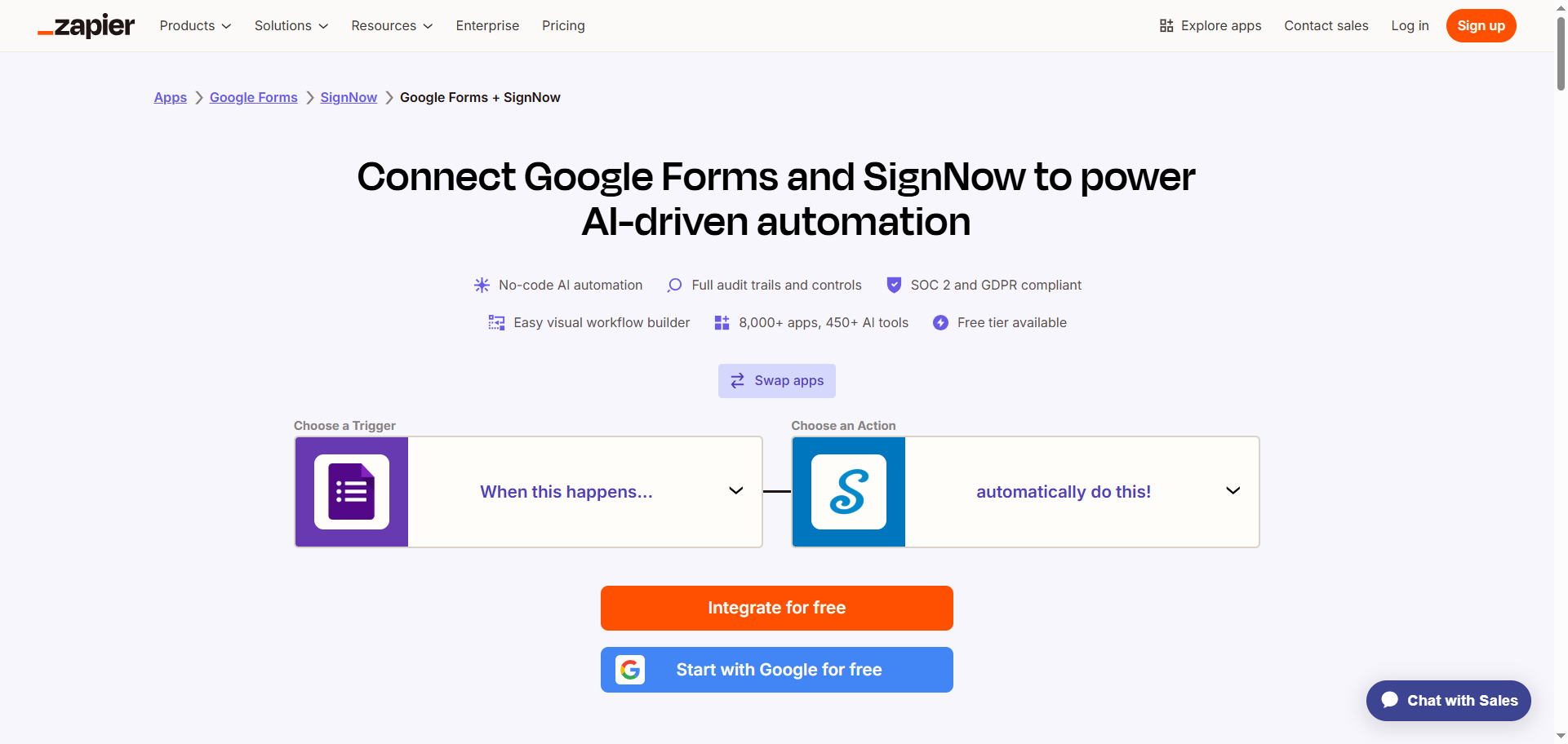 Screenshot of the Zapier integration page for connecting Google Forms and SignNow, showing the trigger and action selection interface