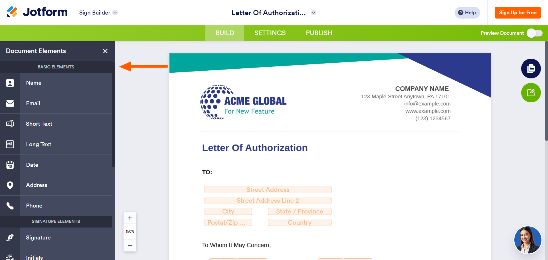 Screenshot of the Jotform Sign Builder with the Elements panel open on the left, showing tools for customizing a document template