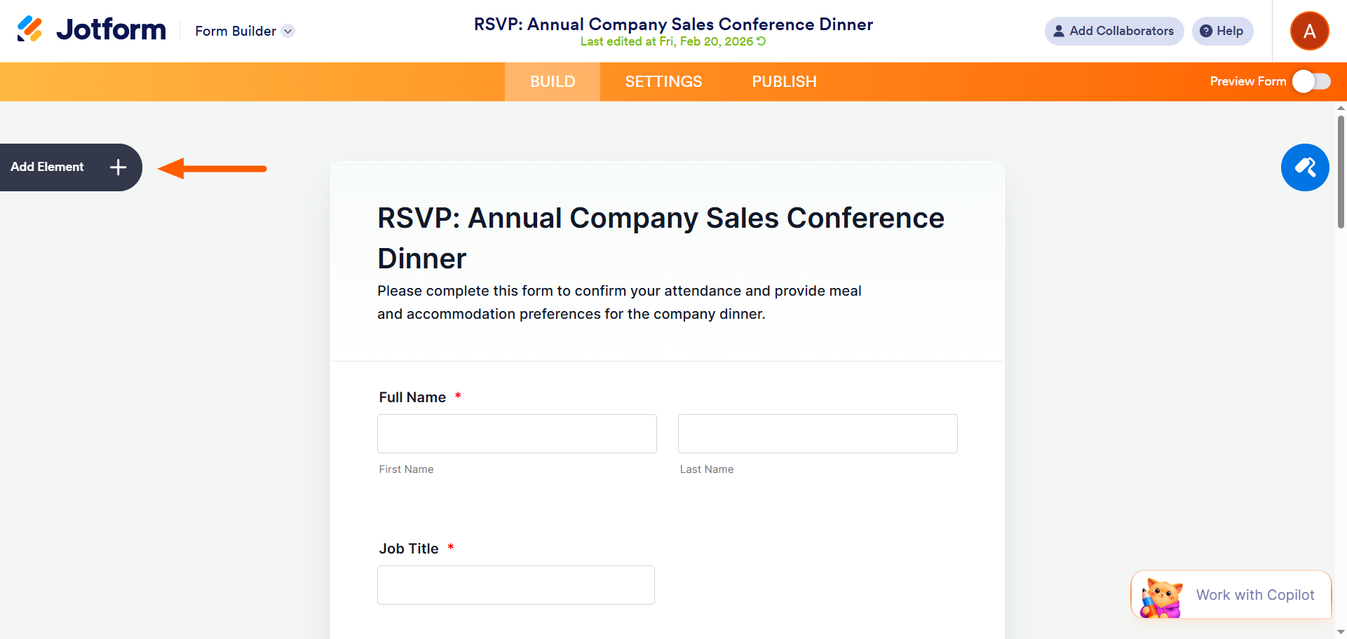 Screenshot of the Form Builder interface with the “Add Element” button highlighted on the left side