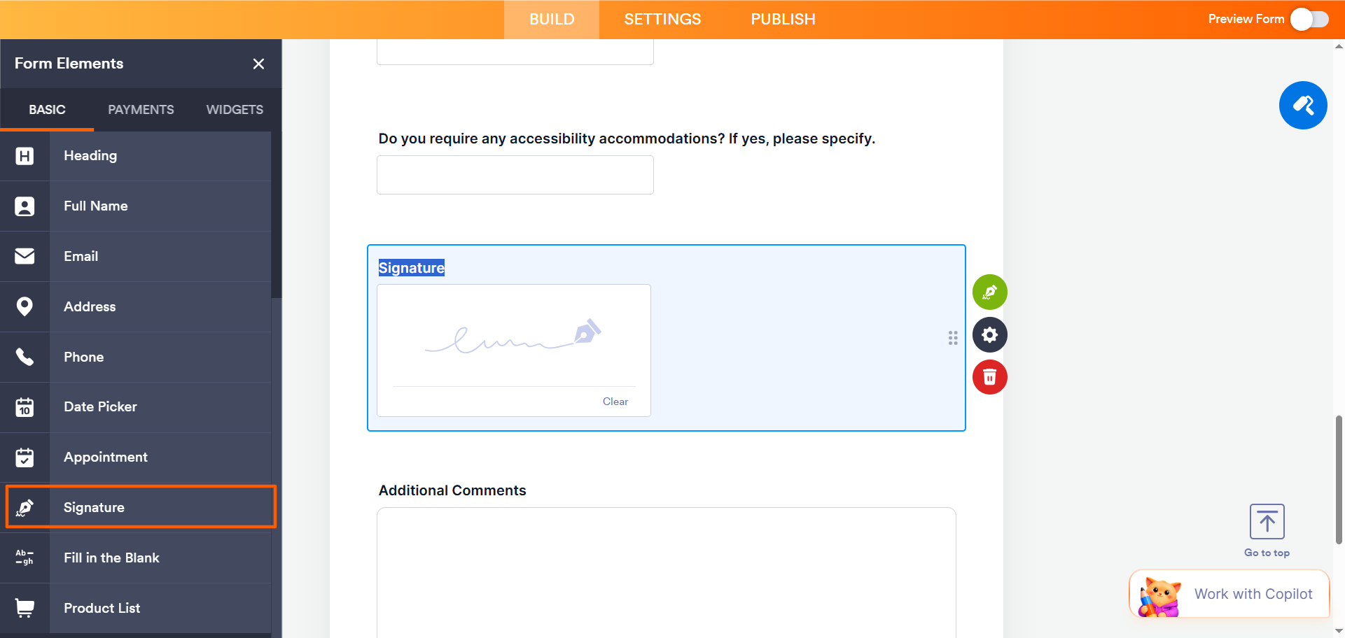 Screenshot of the Form Builder with the Form Elements panel open, showing the Signature field being added and placed onto the form
