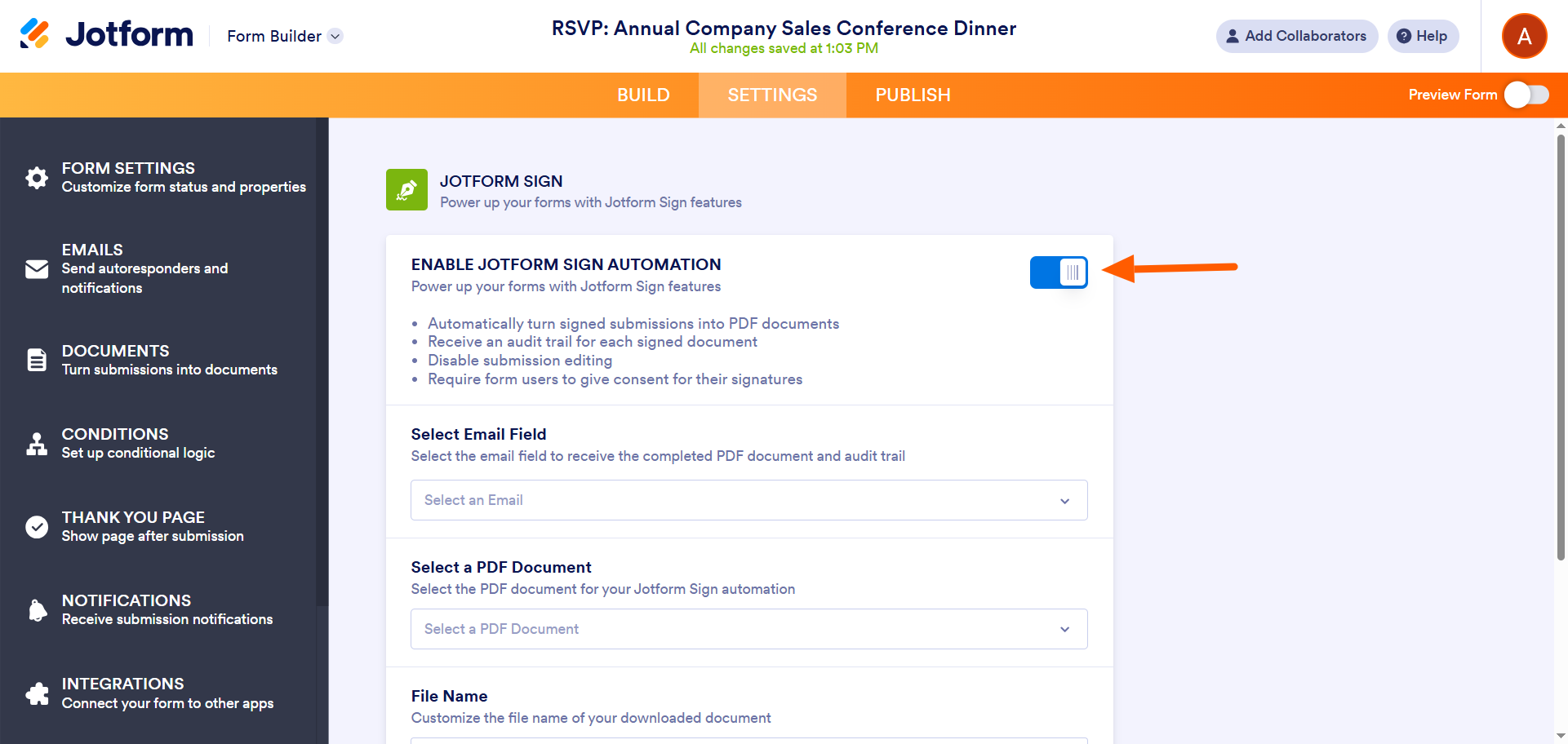 Screenshot of the Jotform Settings panel displaying the Jotform Sign Automation section, with the toggle switched on
