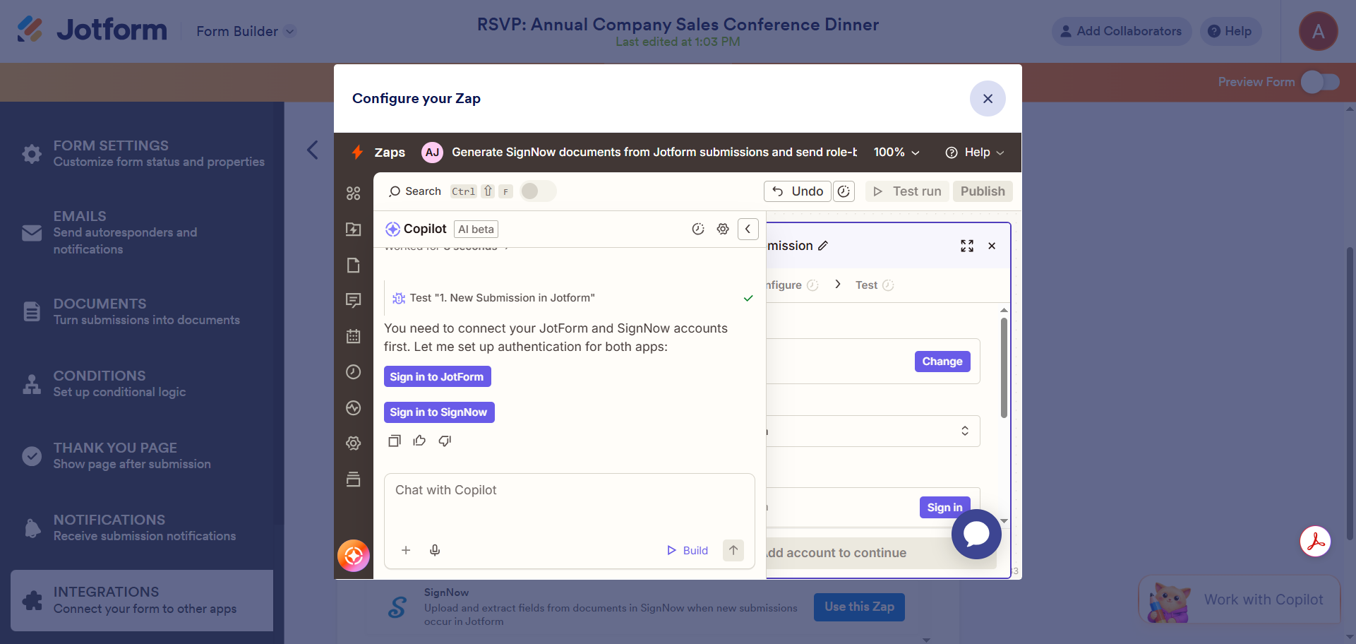 Screenshot of the Zapier configuration window displaying steps to set up and authorize the integration between Jotform and SignNow