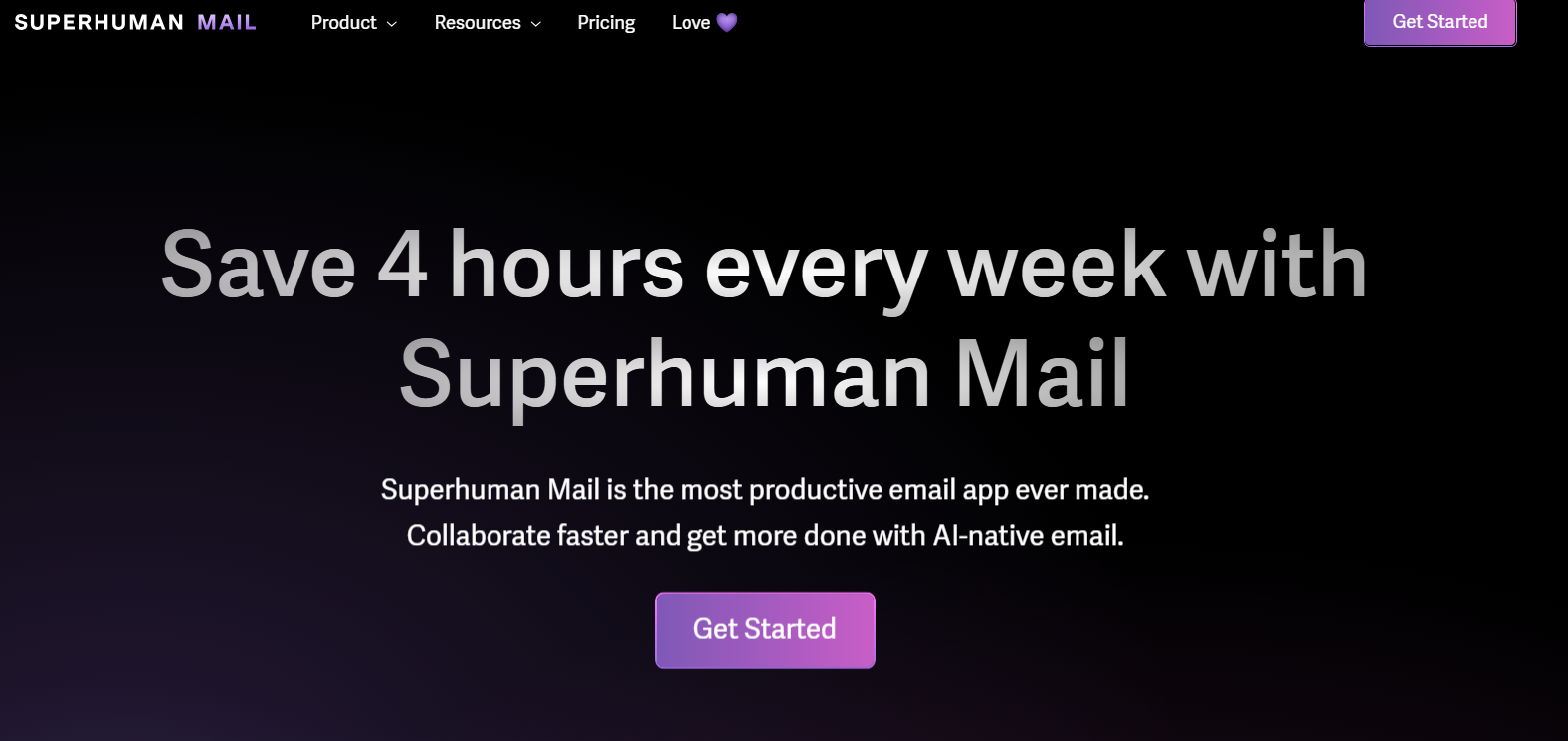 Screenshot of the Superhuman's landing page, showing a headline "Save 4 hours every week with Superhuman Mail"