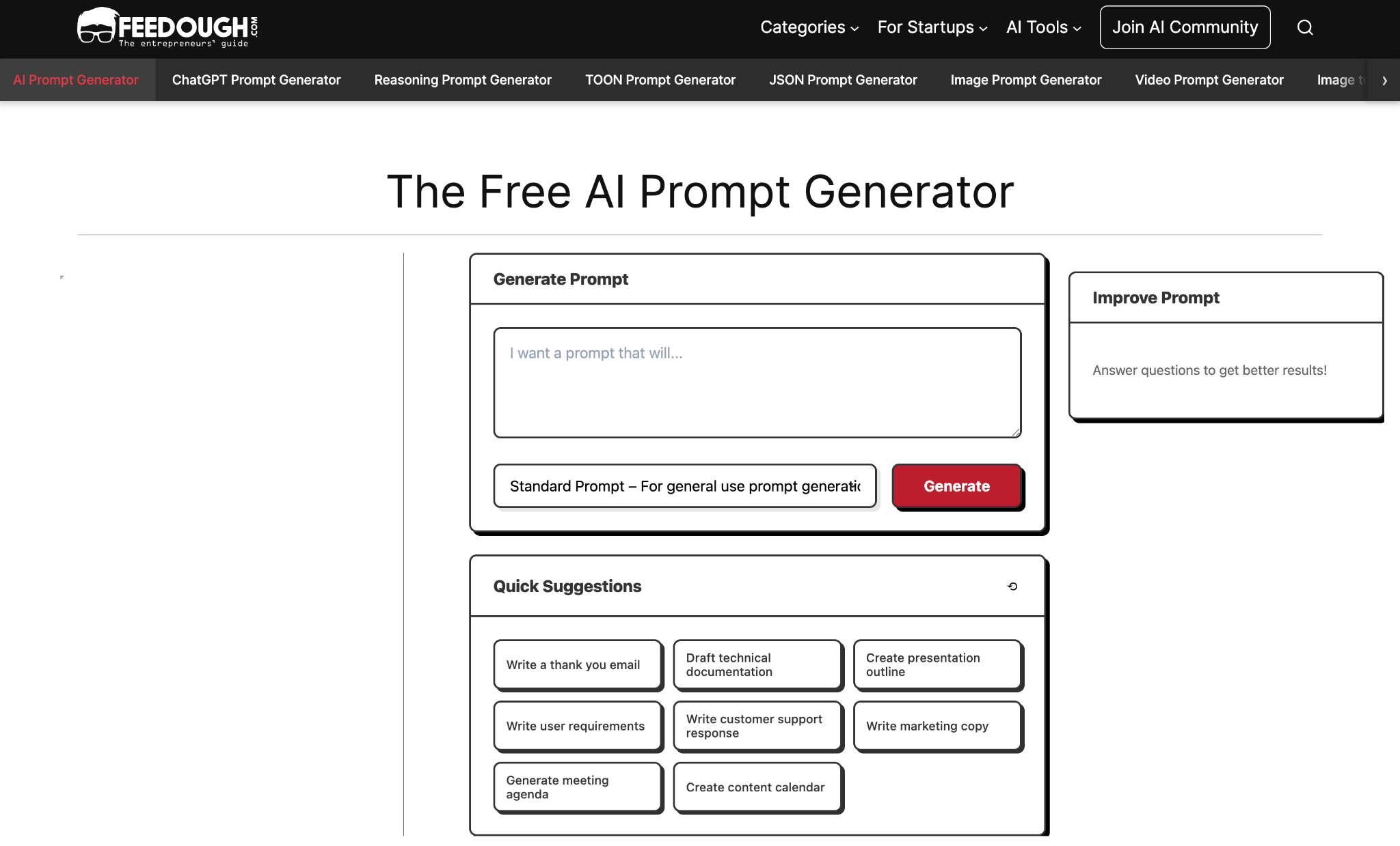 Screenshot of the Feedough landing page, showing a headline "The Free AI Prompt Generator"