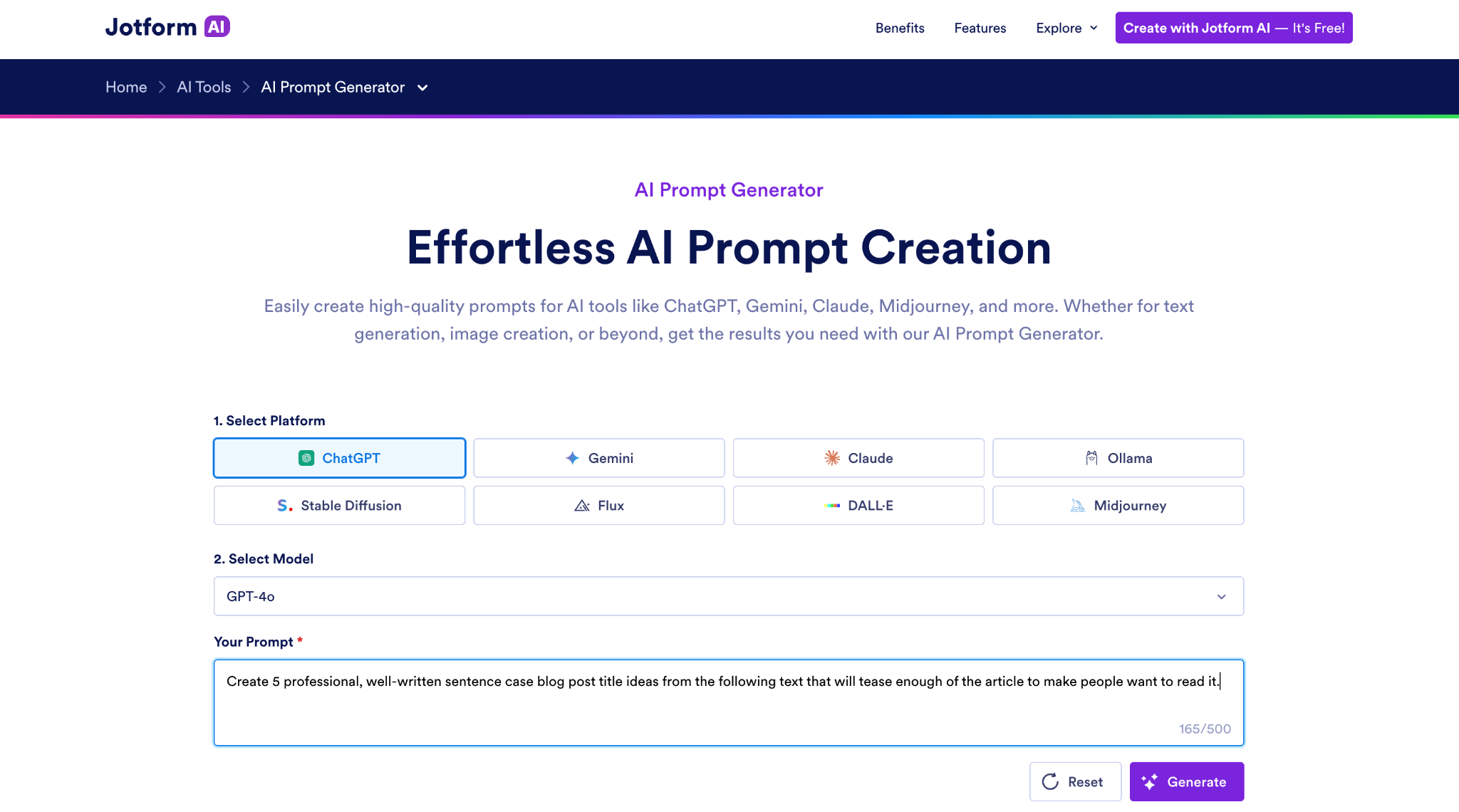 Screenshot of the Jotform AI Prompt Generator landing page, showing a headline "Effortless AI Prompt Creation"
