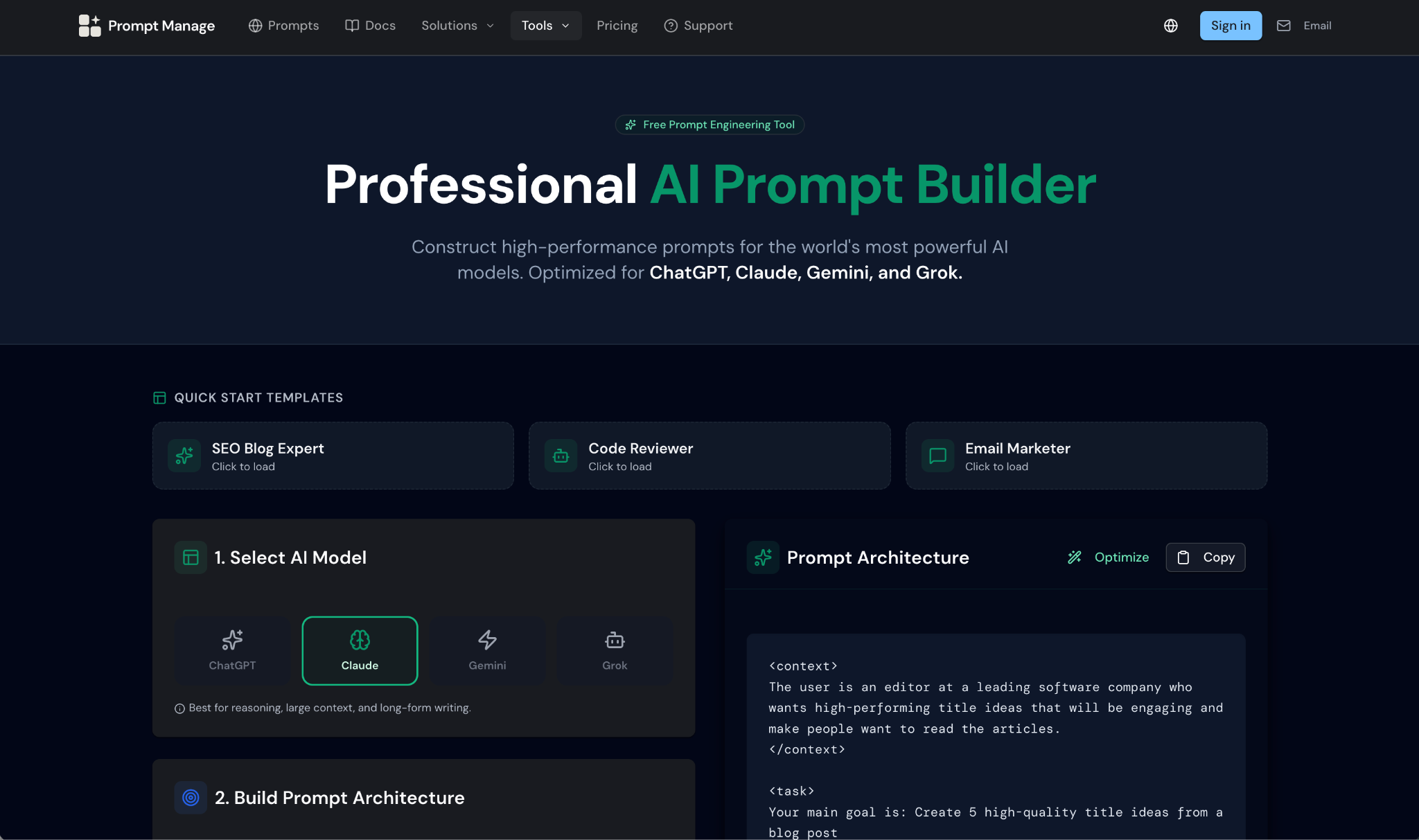 Screenshot of the Prompt Manage landing page, showing a headline "Professional AI Prompt Builder"
