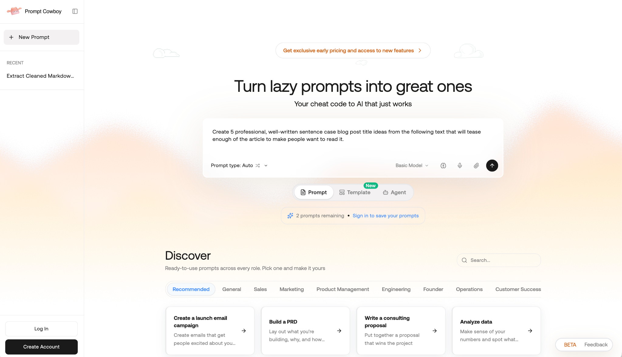 Screenshot of the Prompt Cowboy landing page, showing a headline "Turn lazy prompts into great ones"