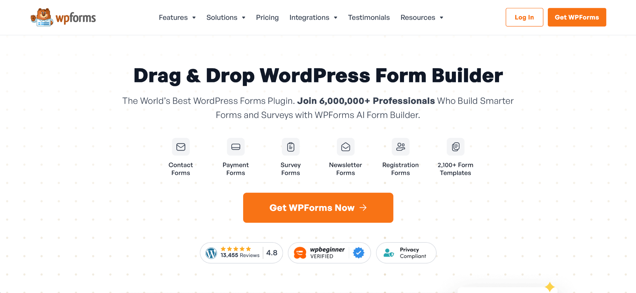 Screenshot of the WPForms landing page, showing a headline "Drag & Drop WordPress Form Builder"