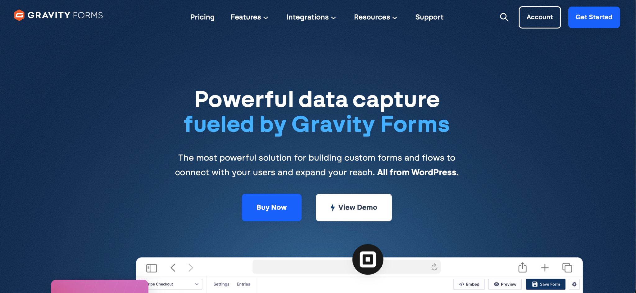 Screenshot of the Gravity Forms landing page, showing a headline "Powerful data capture fueled by Gravity Forms"