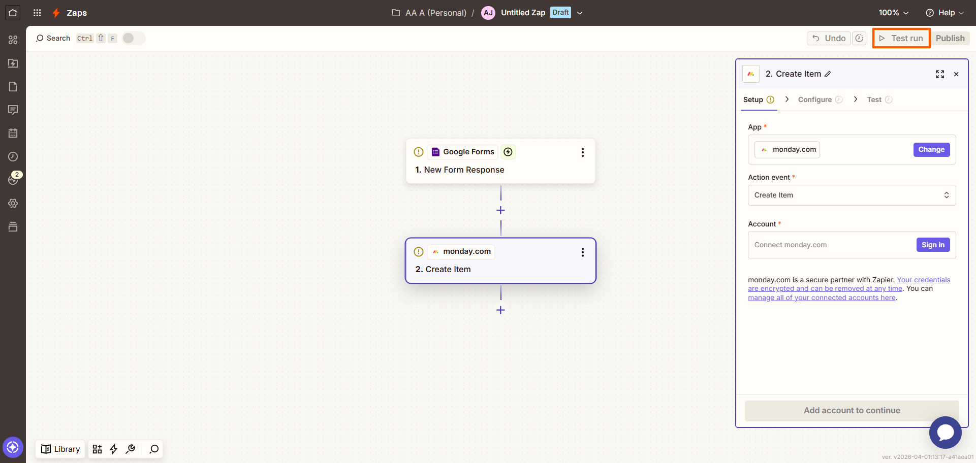 Zapier interface with the "Test run" button highlighted