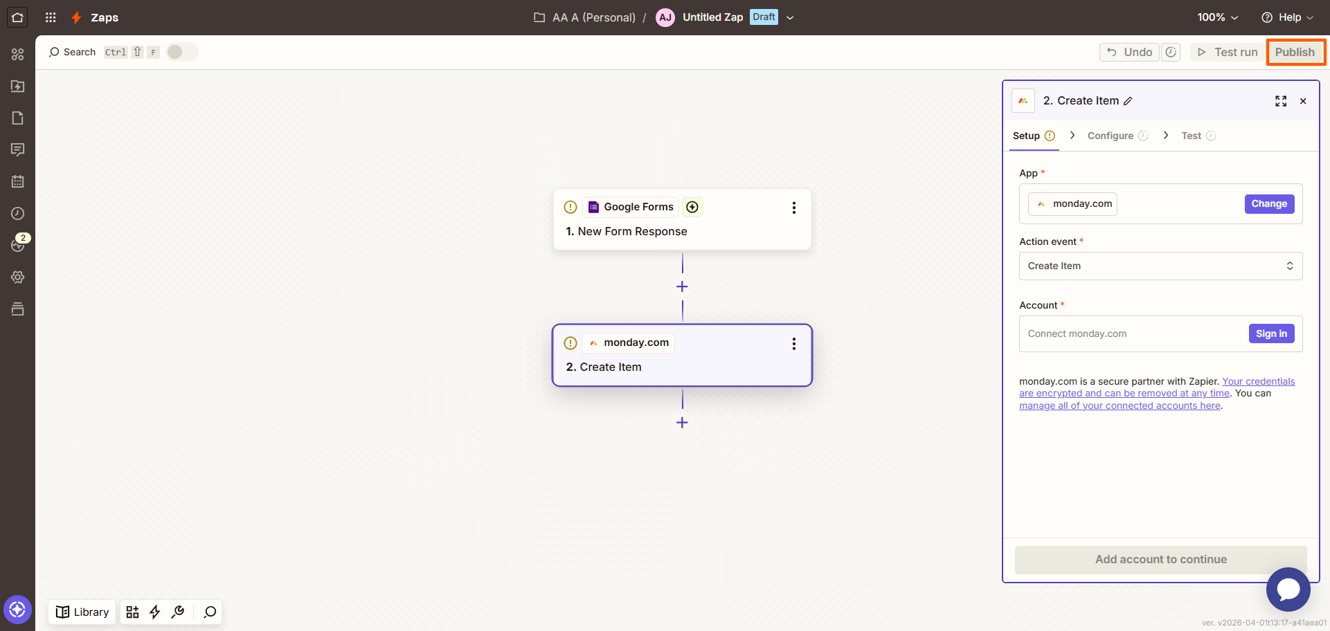 Zapier interface with the "Publish" button highlighted