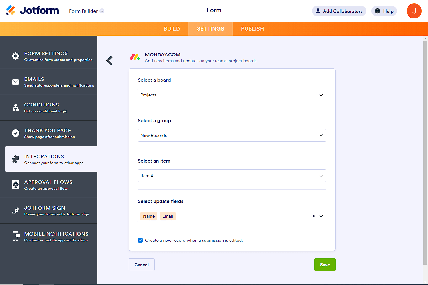 Jotform interface showing monday