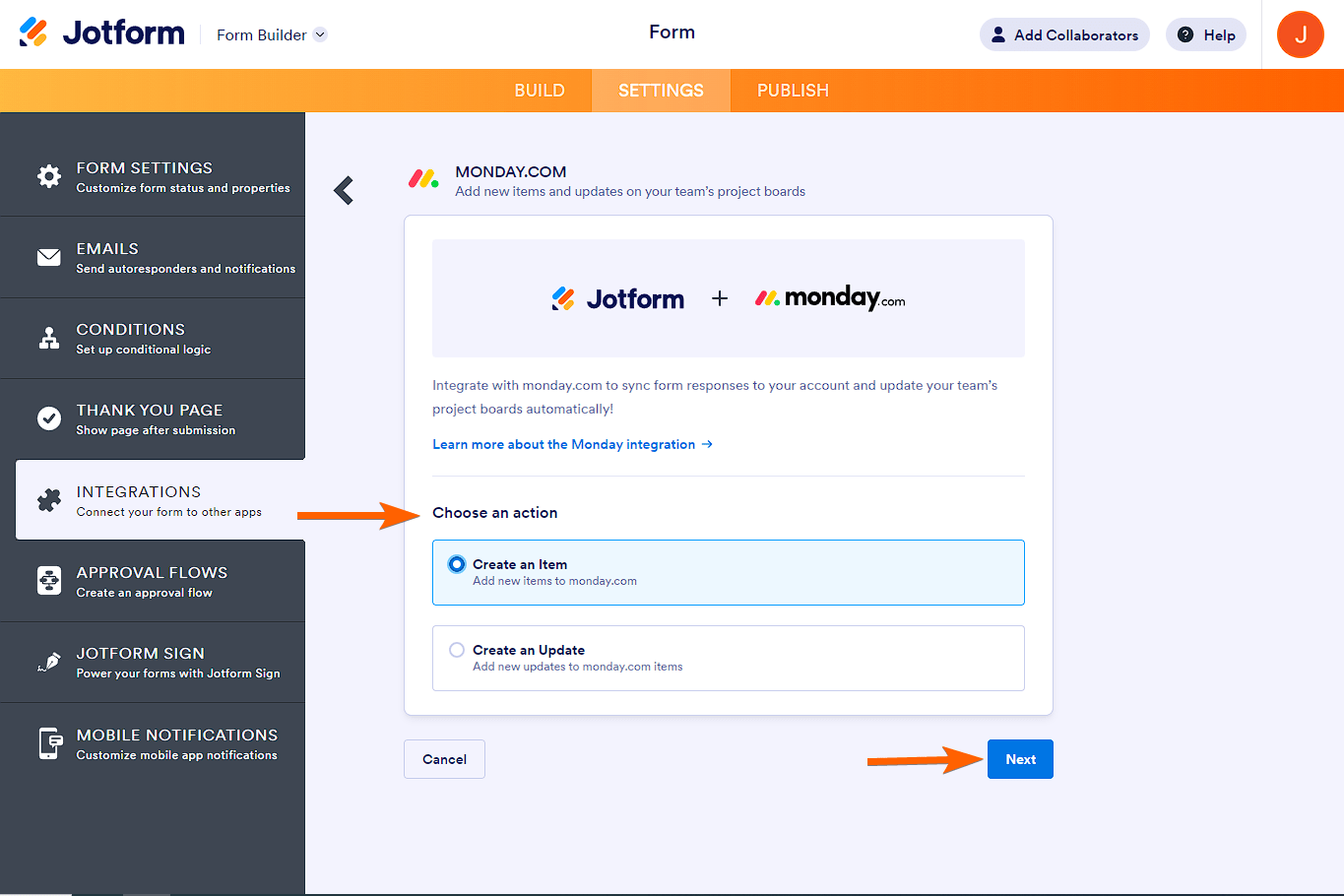 Jotform interface showing the option to choose an action — either "Create an Item" or "Create an Update"