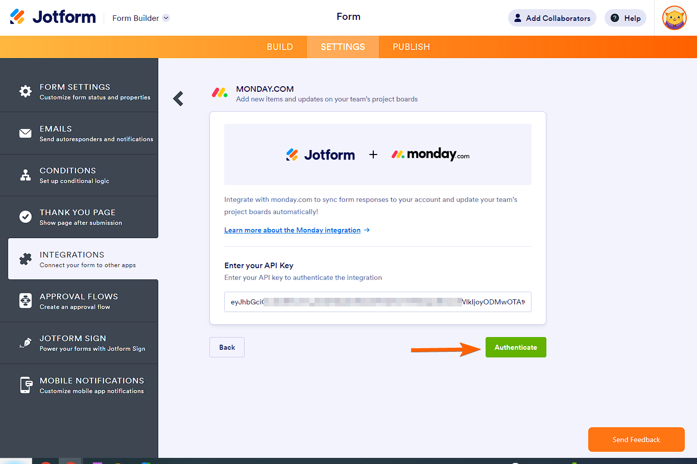 Jotform interface showing the monday