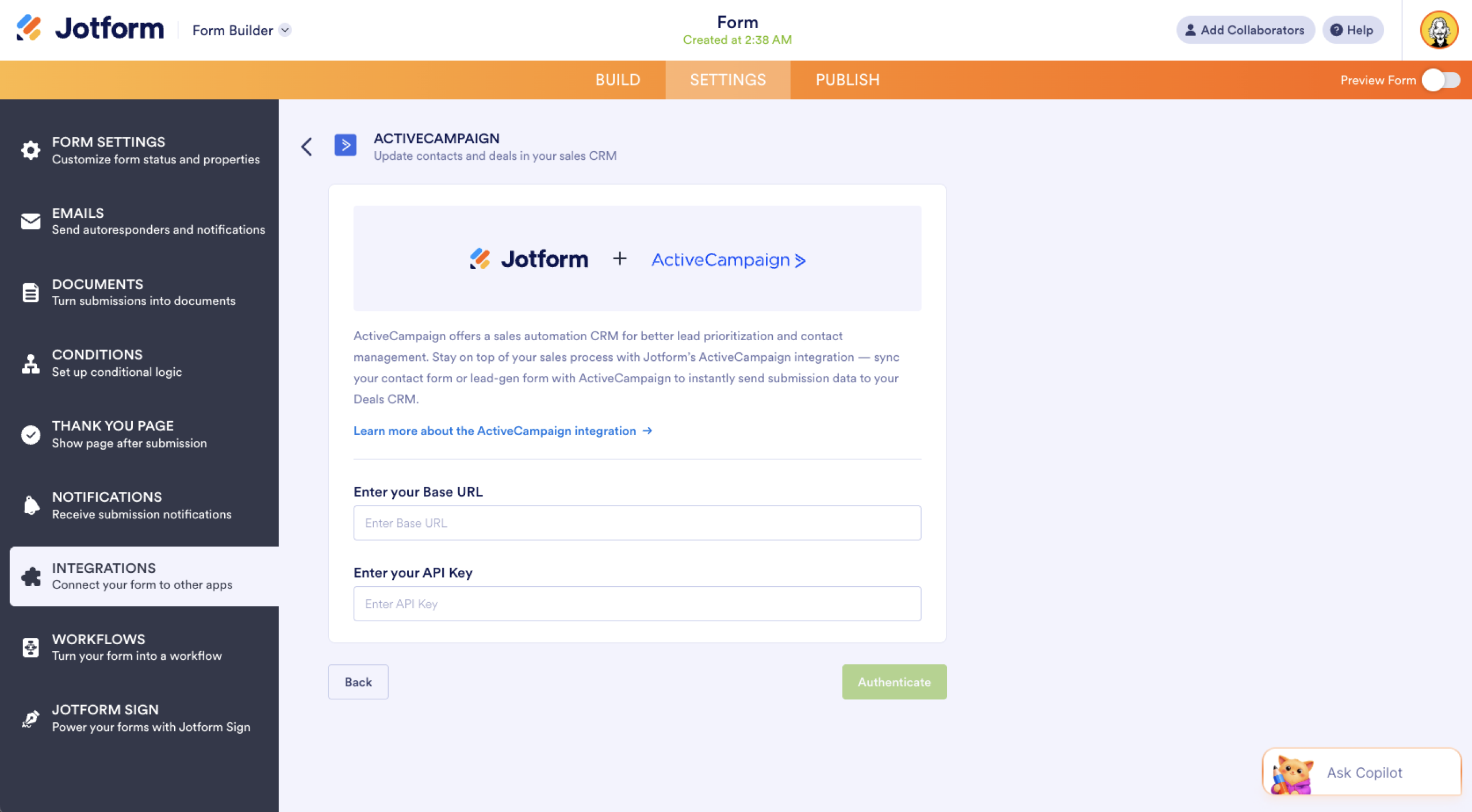 Jotform Form Builder ActiveCampaign Integration Account Authentication