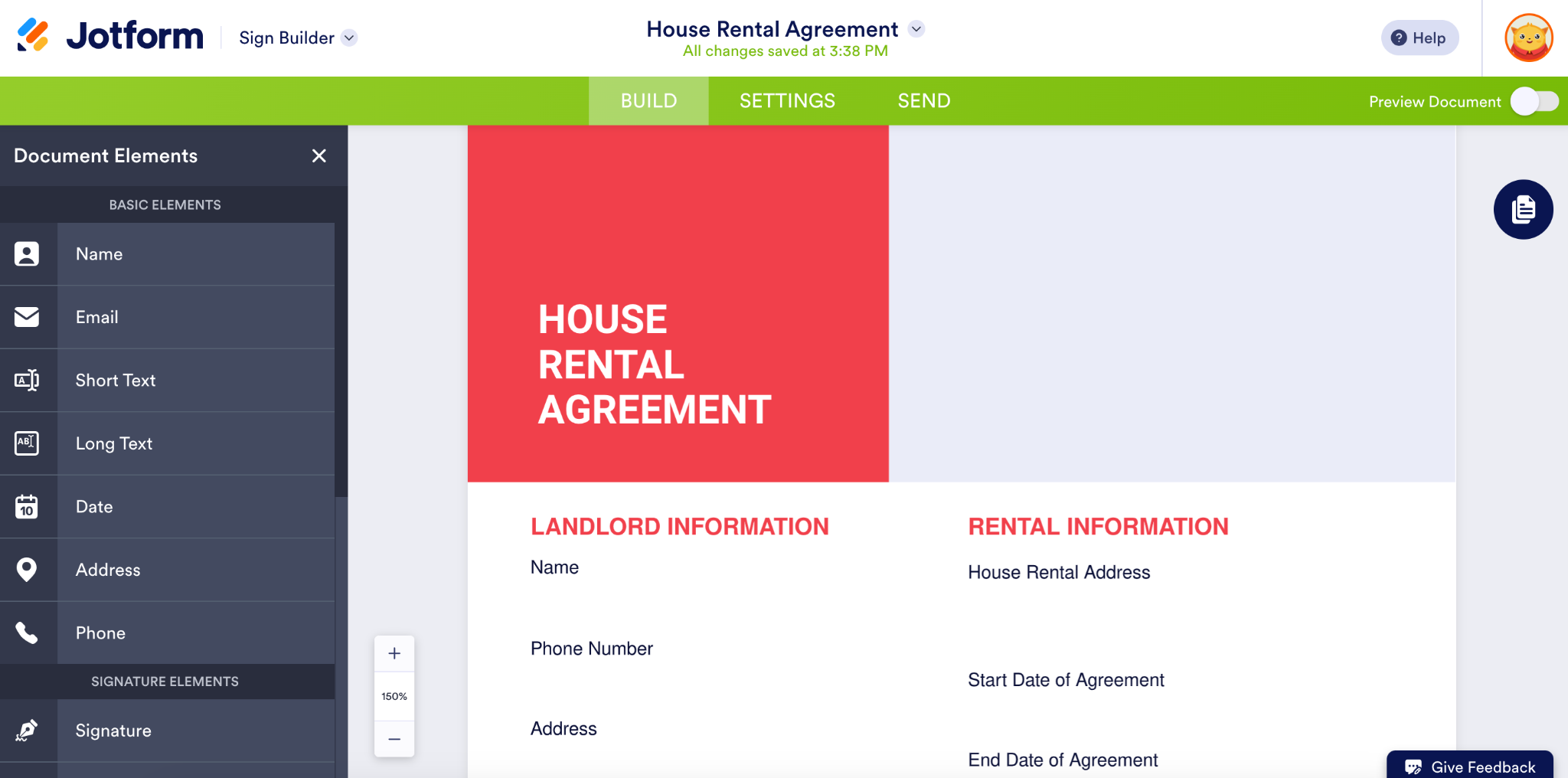 Screenshot of Jotform Sign Builder interface displaying the same house rental agreement with editable fields and a sidebar of document elements like name, email, and signature