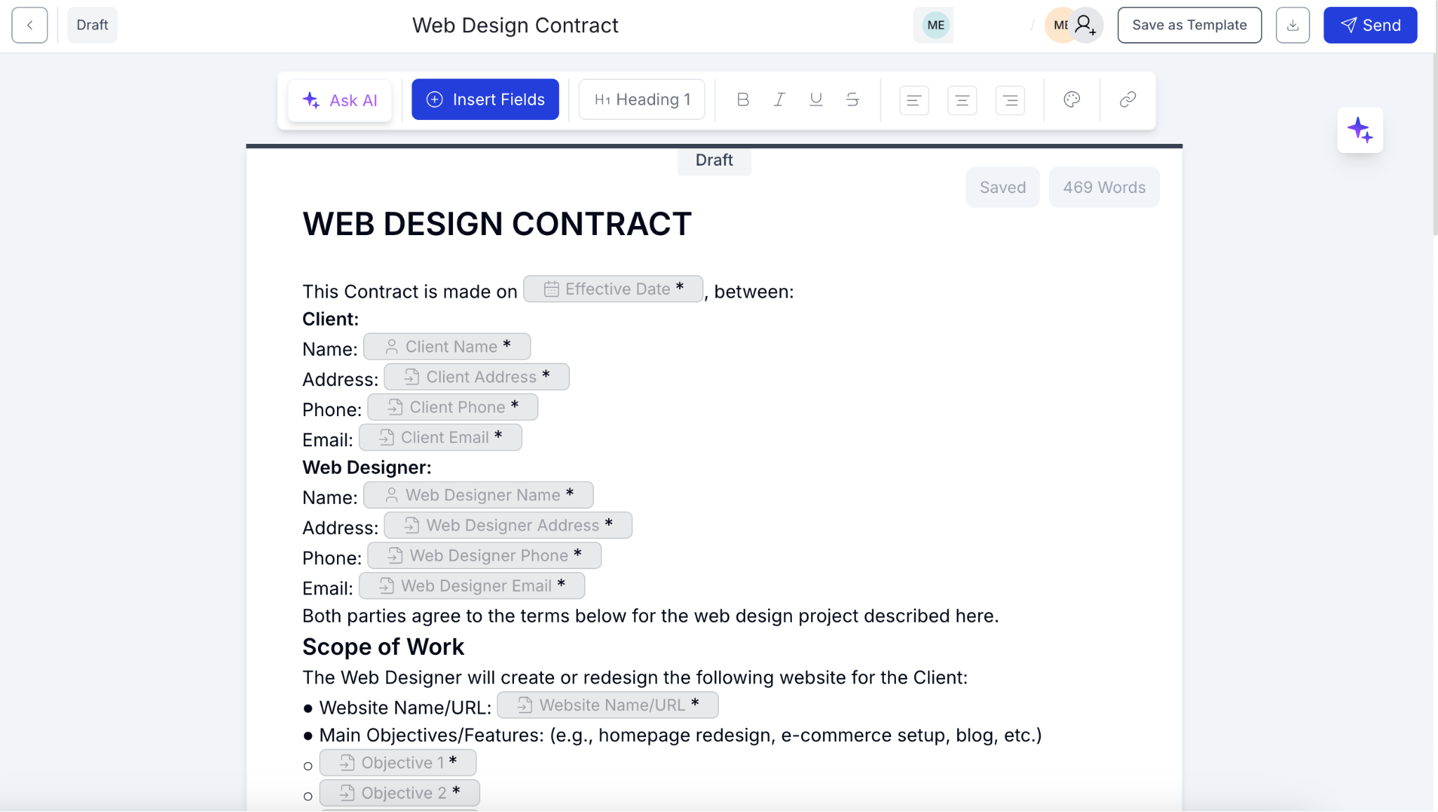 Screenshot of Otto AI contract editor displaying a web design contract draft with editable fields, formatting tools, and options to insert fields, save as template, or send the document