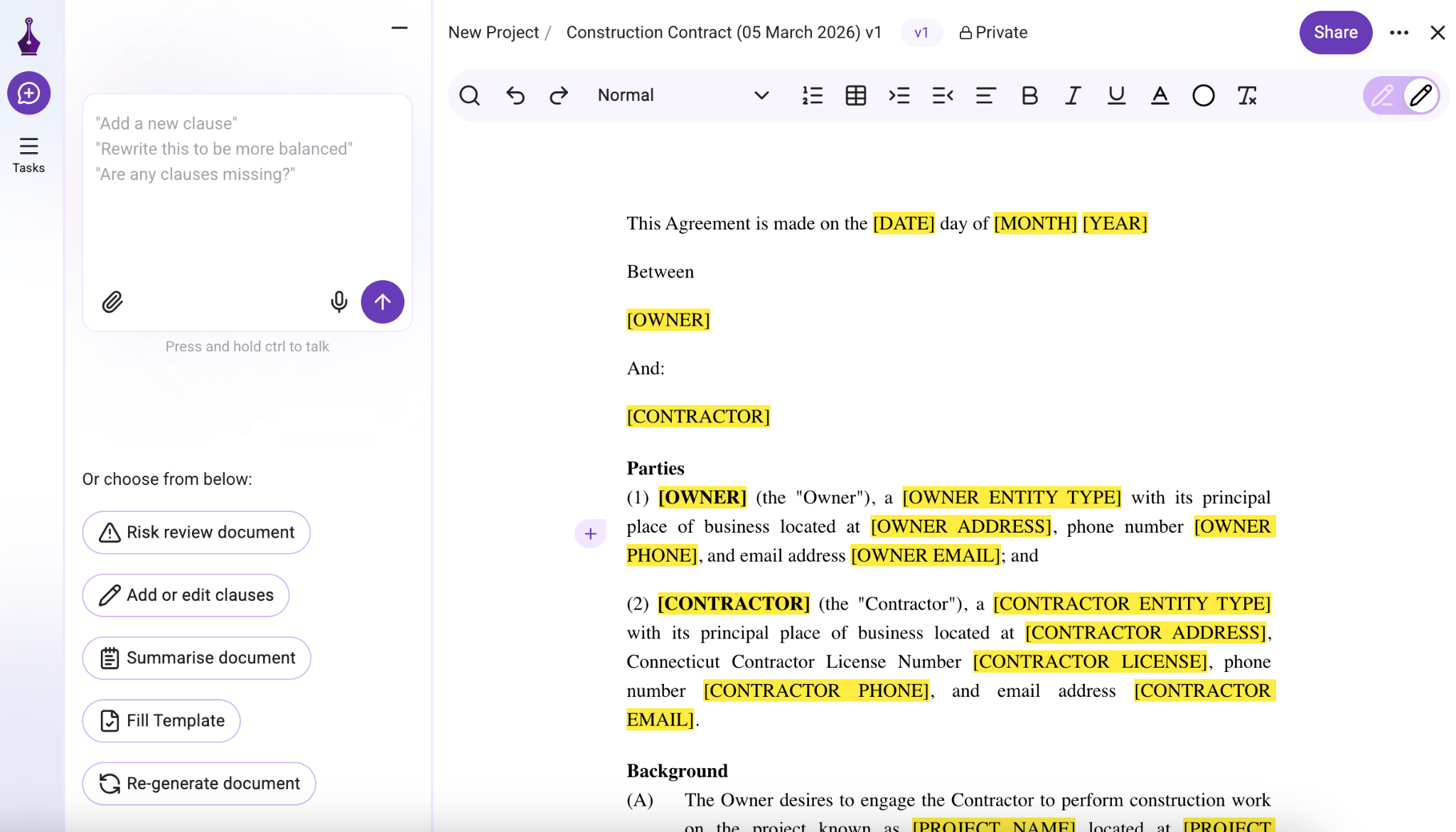 Screenshot of Genie AI contract editor showing a construction contract draft with highlighted variables and a sidebar offering AI tools like clause suggestions, summaries, and template options