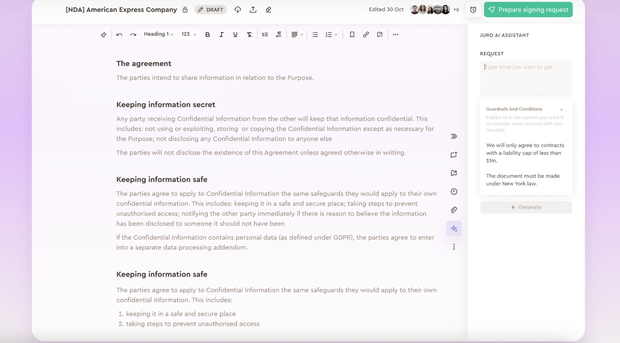 Screenshot of Juro contract editor displaying an NDA document with formatted sections and a sidebar panel for preparing and managing signing requests