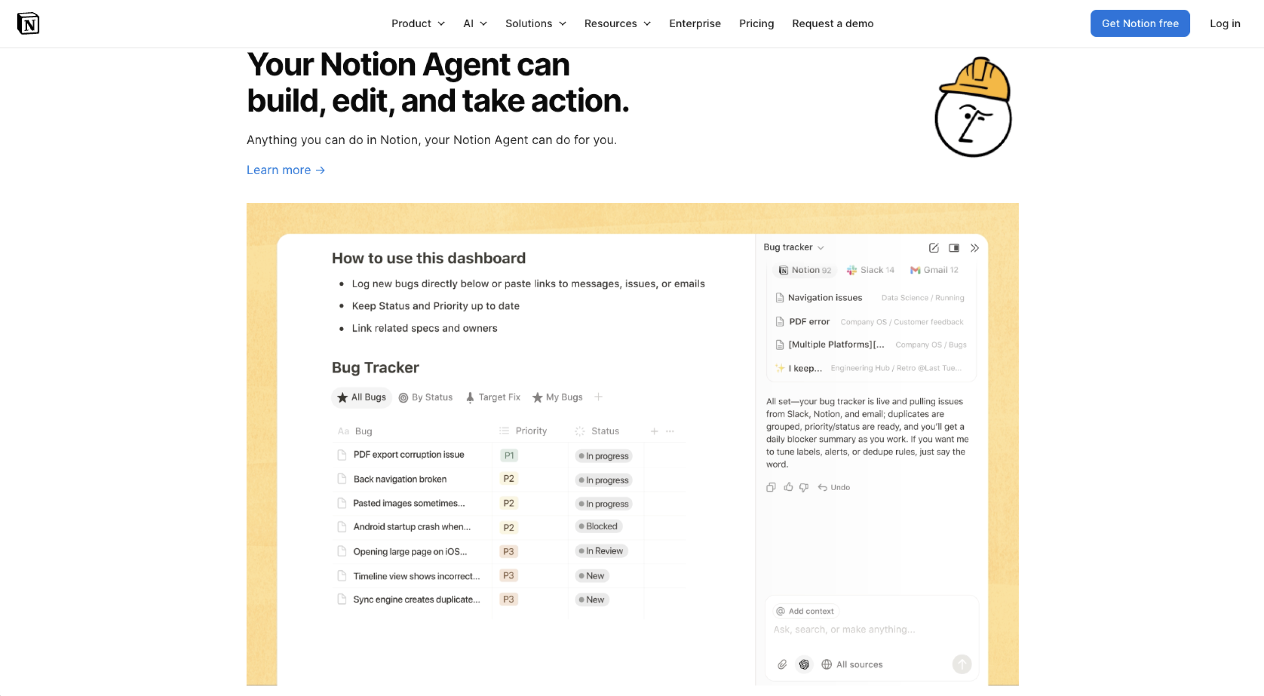 Notion AI Landing Page Build, Edit and Take Action Section