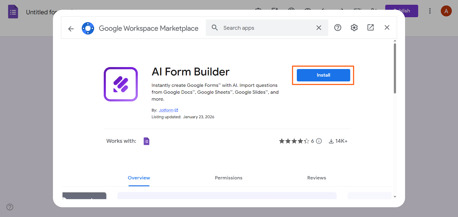 Google Workspace Marketplace Pop-up AI Form Builder add-on