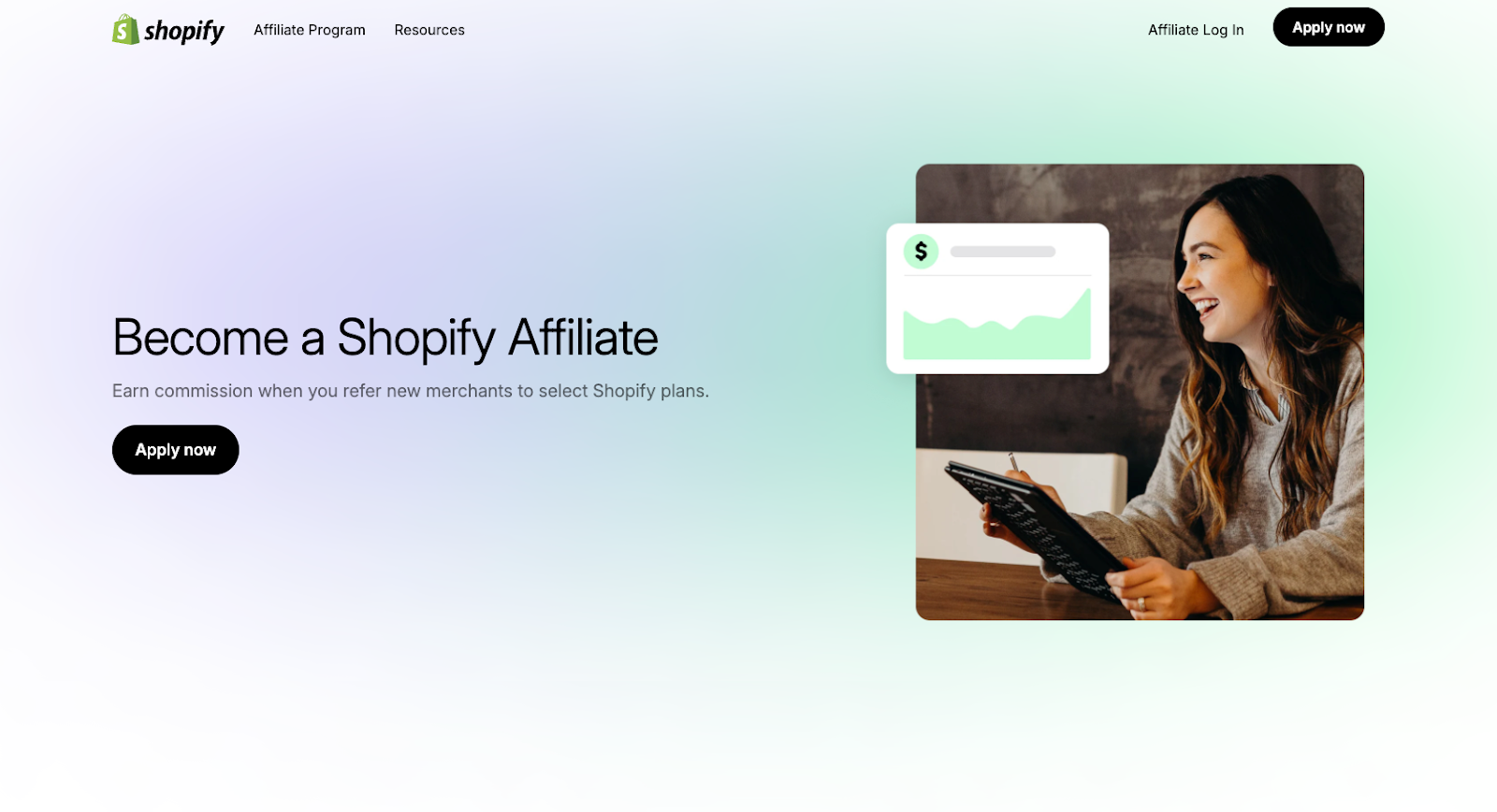 Screenshot of the Shopify Affiliate Program landing page, showing a headline "Become a Shopify Affiliate"
