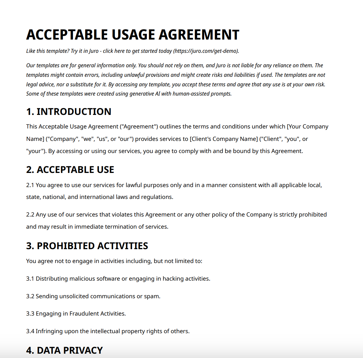 A downloaded contract template from Juro