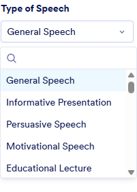 Speech type dropdown menu with multiple speech category options