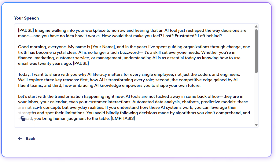 Generated AI speech displayed in a text editor with formatted paragraphs
