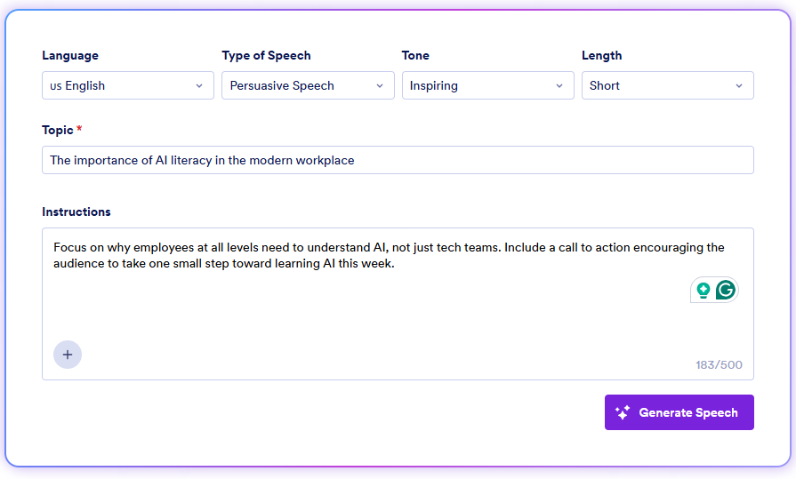Speech generator form with fields for language, speech type, tone, topic, and instructions