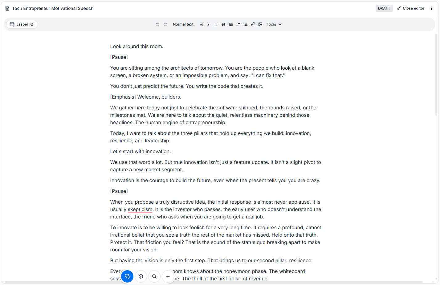 Generated motivational speech displayed in the Jasper document editor