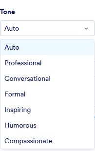 Tone selection dropdown with writing style options