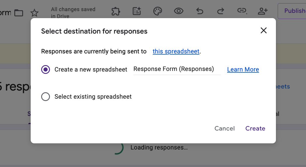 Google Forms interface showing the destinations you can select for responses