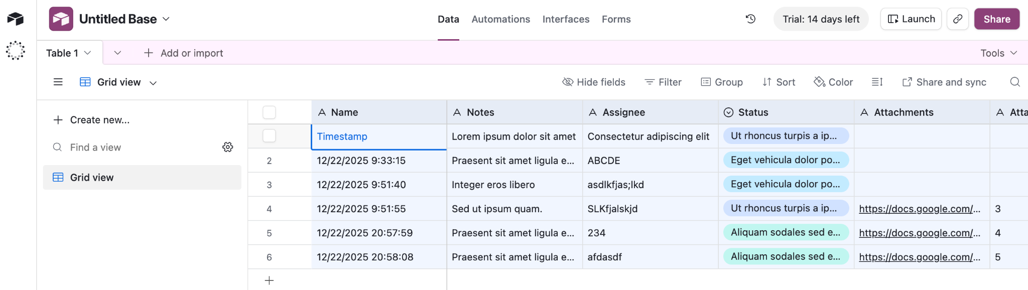 Airtable interface showing fields configured as text fields to match the Google Sheet