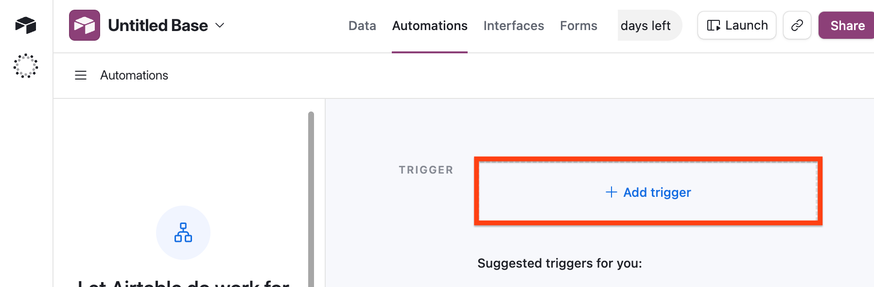 Airtable interface showing the Add trigger button highlighted in the Automations tab