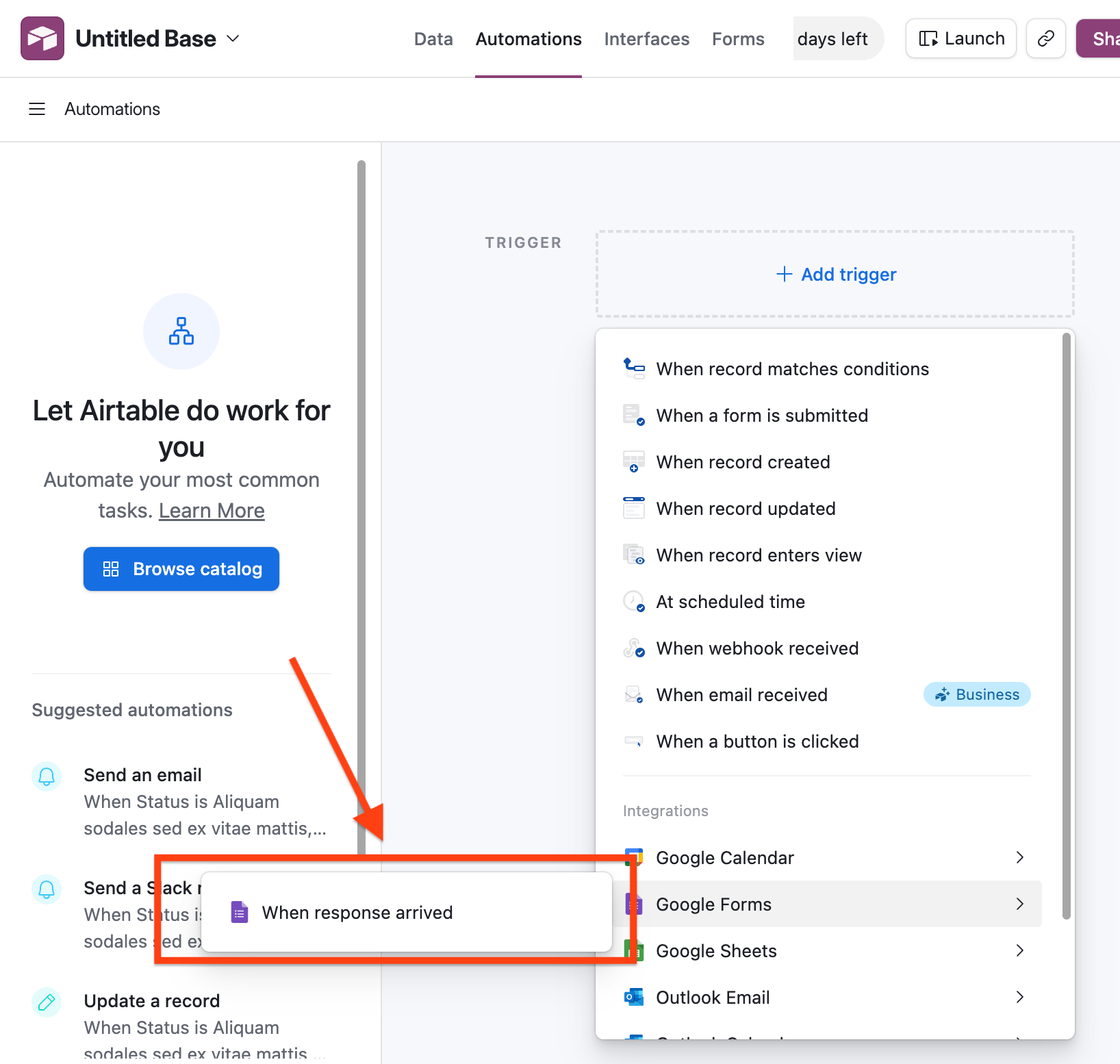 Airtable interface showing the "When response arrived" trigger option under "Google Forms"