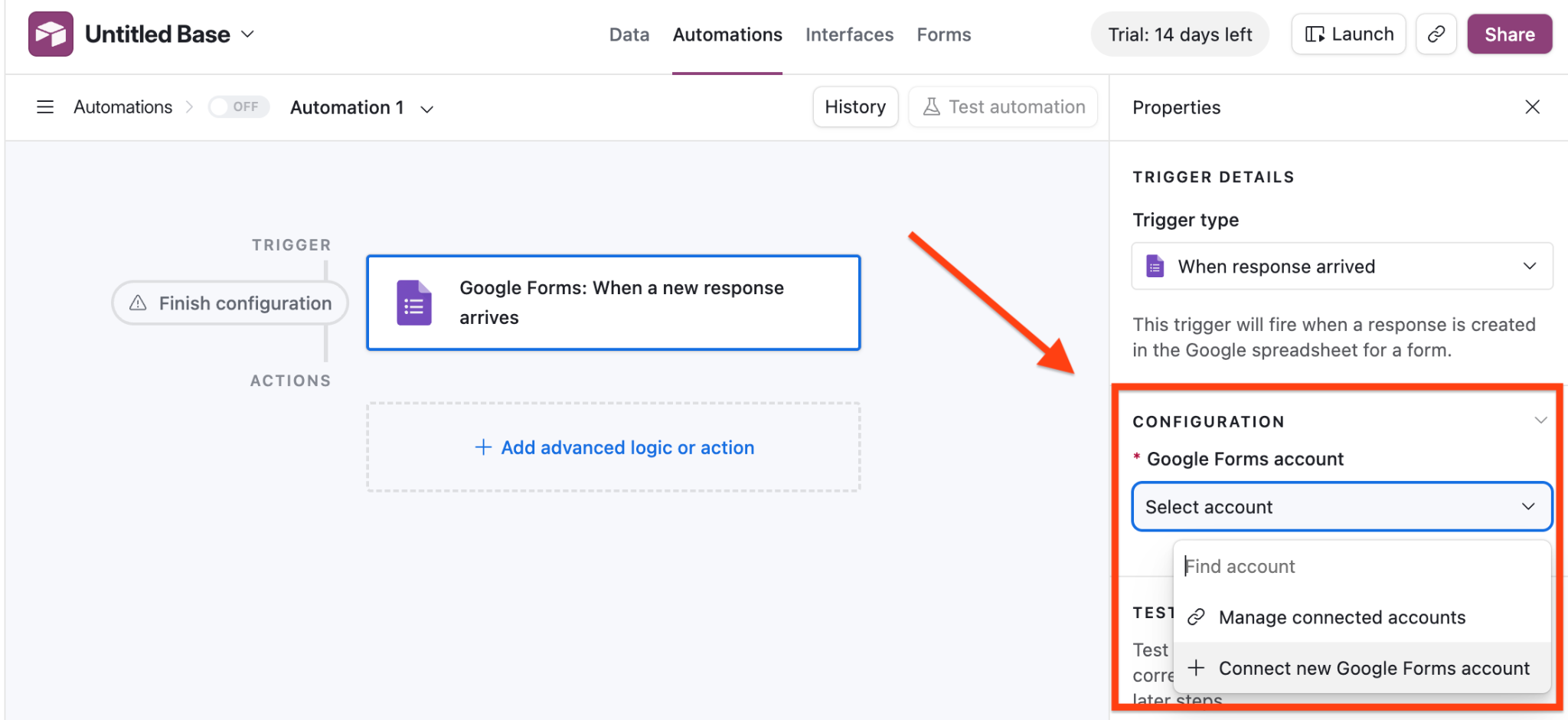 Airtable interface with the "Connect new Google Forms account" option highlighted in the Configuration box