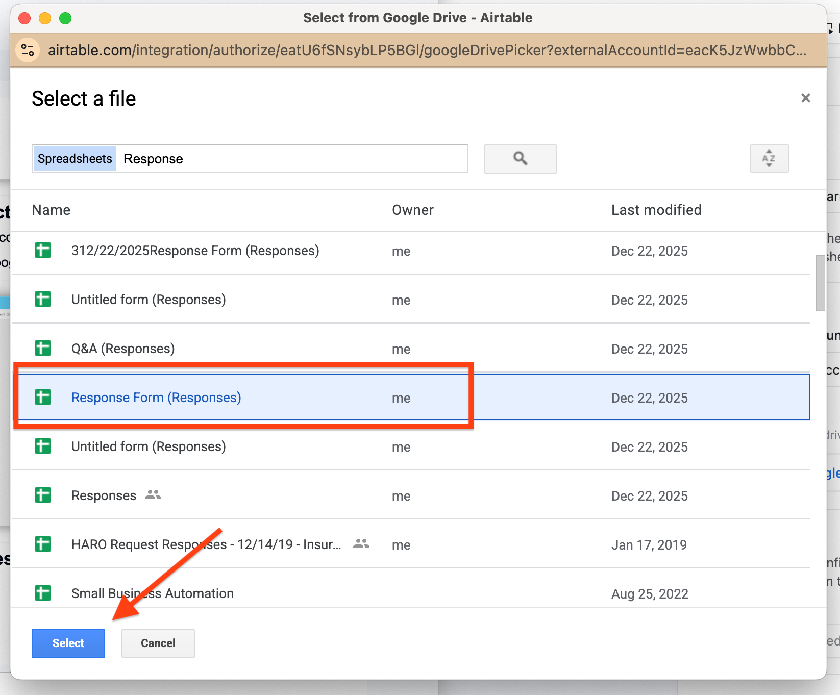 Airtable interface with a Google Drive popup and a response form spreadsheet highlighted