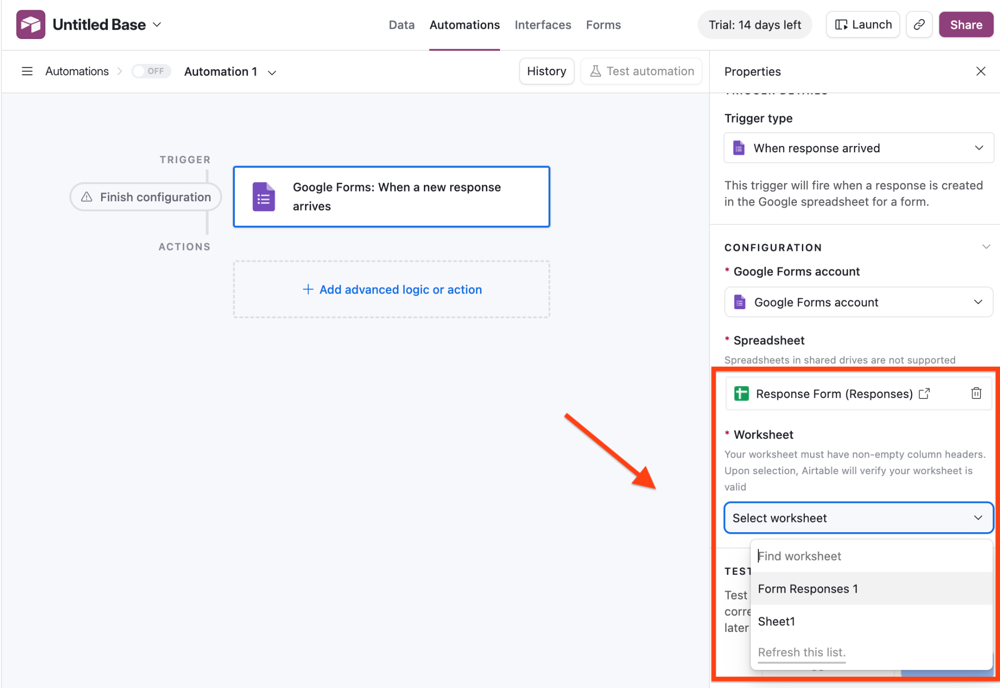 Airtable interface with the "Select worksheet" dropdown highlighted in the Configuration box