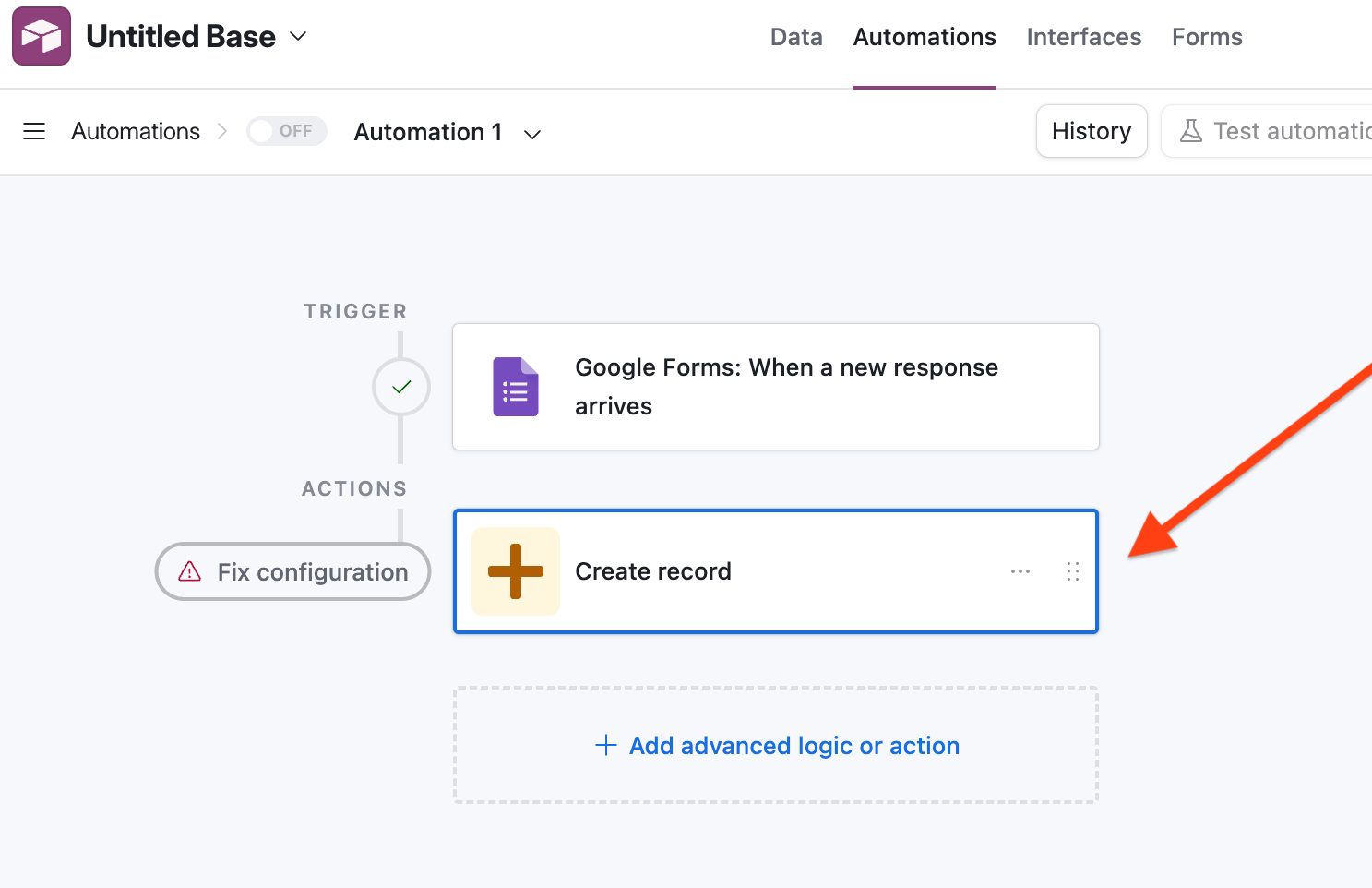 Airtable interface with the "Create record" button highlighted in the Actions part of the automation flow