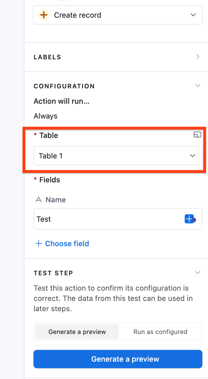Airtable interface with the "Table" option highlighted in the Configuration box