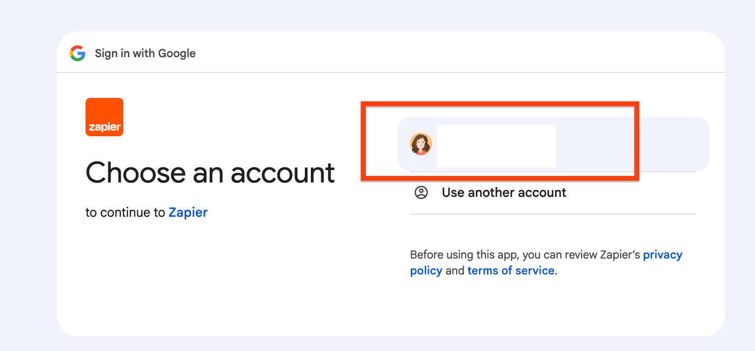 Sign in with Google popup with a Google account highlighted