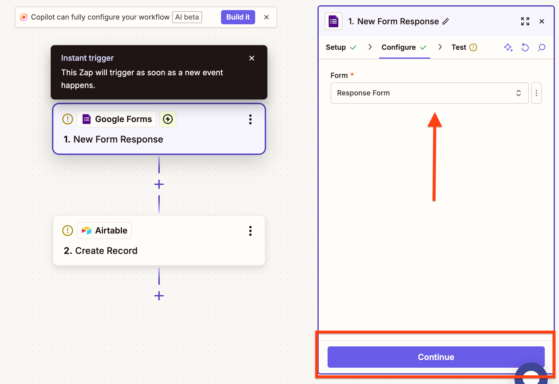 Zapier interface with an arrow pointing to the Form dropdown and the Continue button highlighted