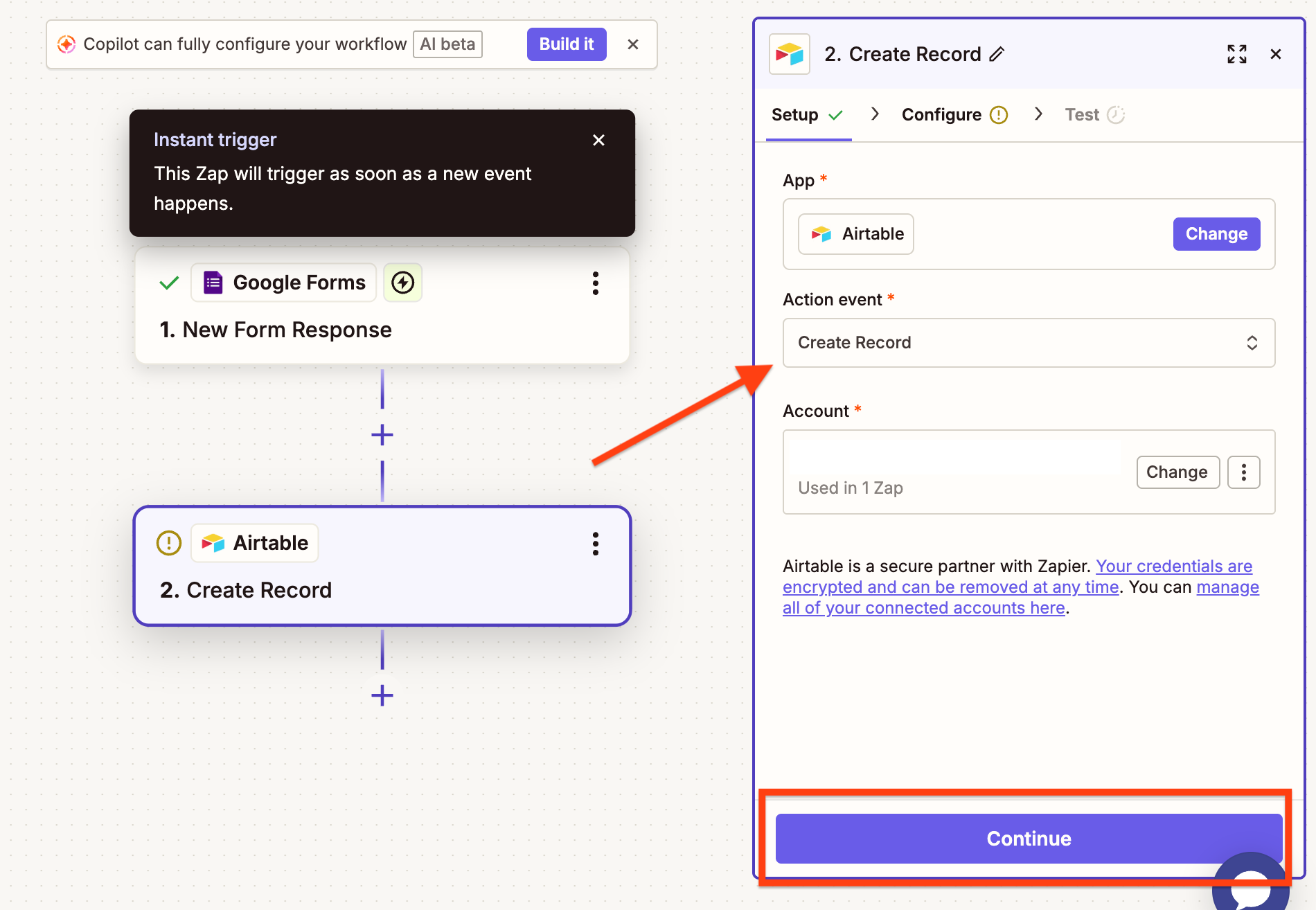 Zapier interface with an arrow pointing to the Action event dropdown and the Continue button highlighted