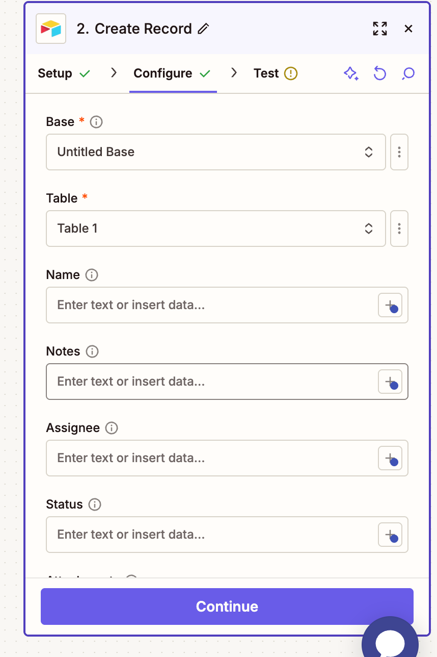 Zapier interface showing the configuration settings with related fields
