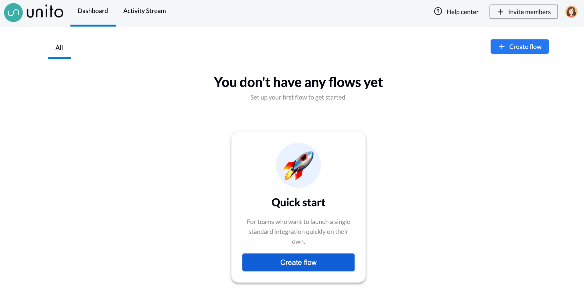 Unito interface showing the "Create flow" button