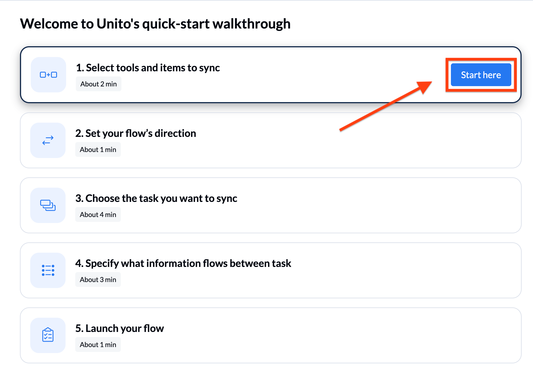 Unito interface showing the "Start here" button in the "Select tools and items to sync" walkthrough option