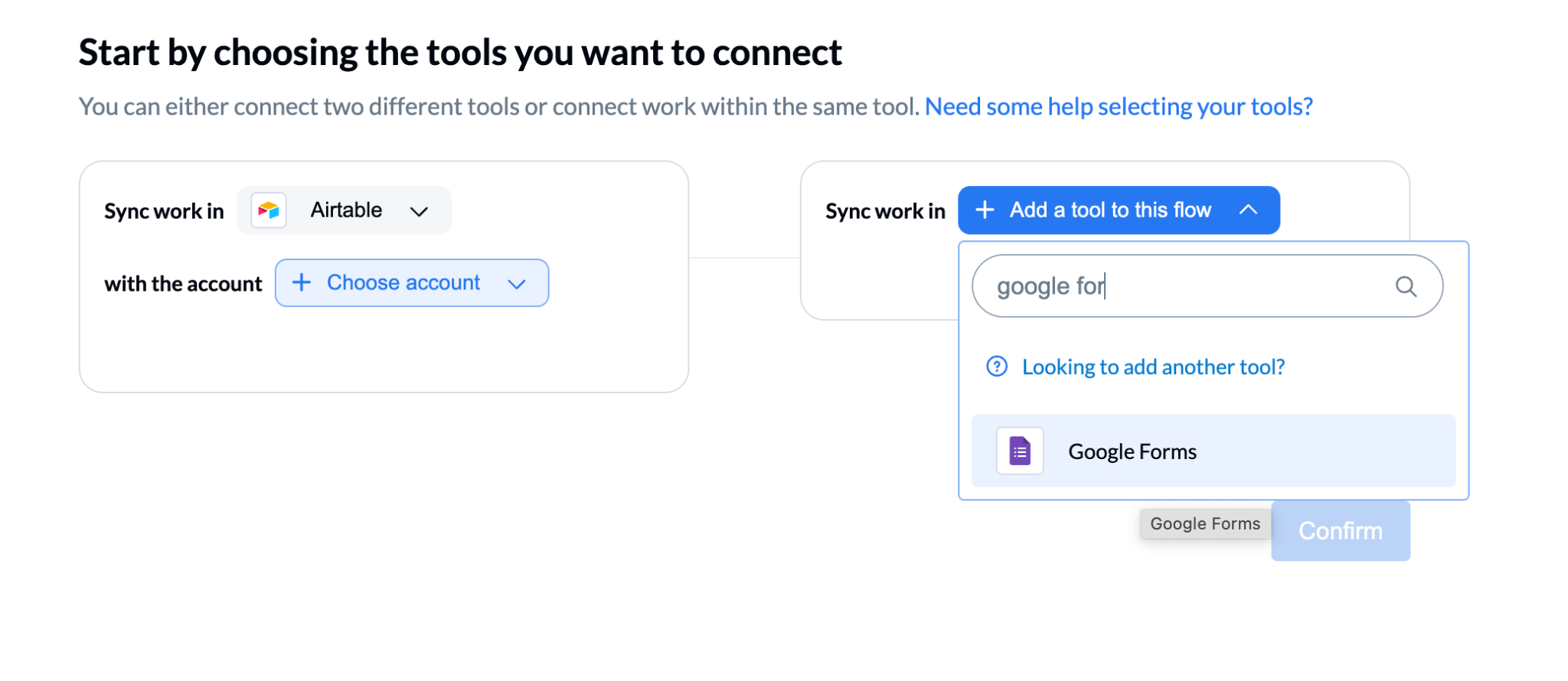 Unito interface showing how to choose the tools you want to connect using a search bar